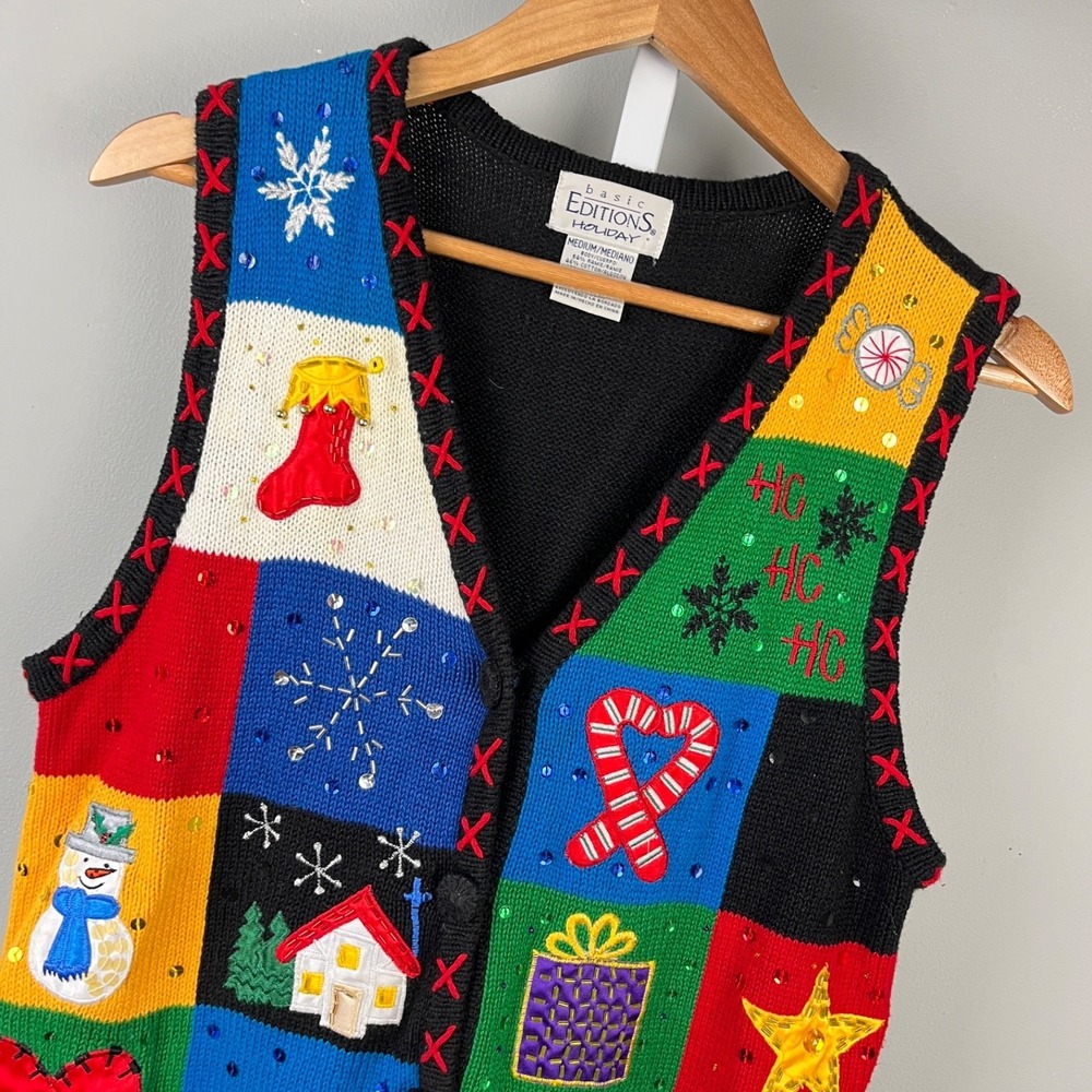 VTG Basic Editions Holiday Christmas Sweater Vest Womens M Beaded Sequin Uglyβ